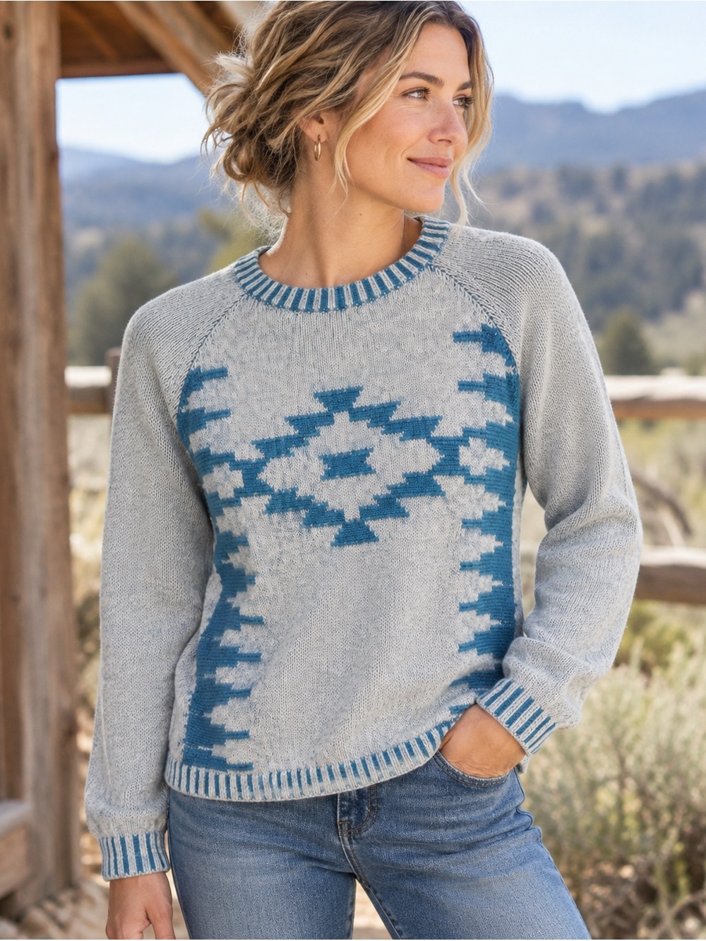 Pendleton Southwestern Geometric Cotton Sweater Teal Blue-Green Gray Size L